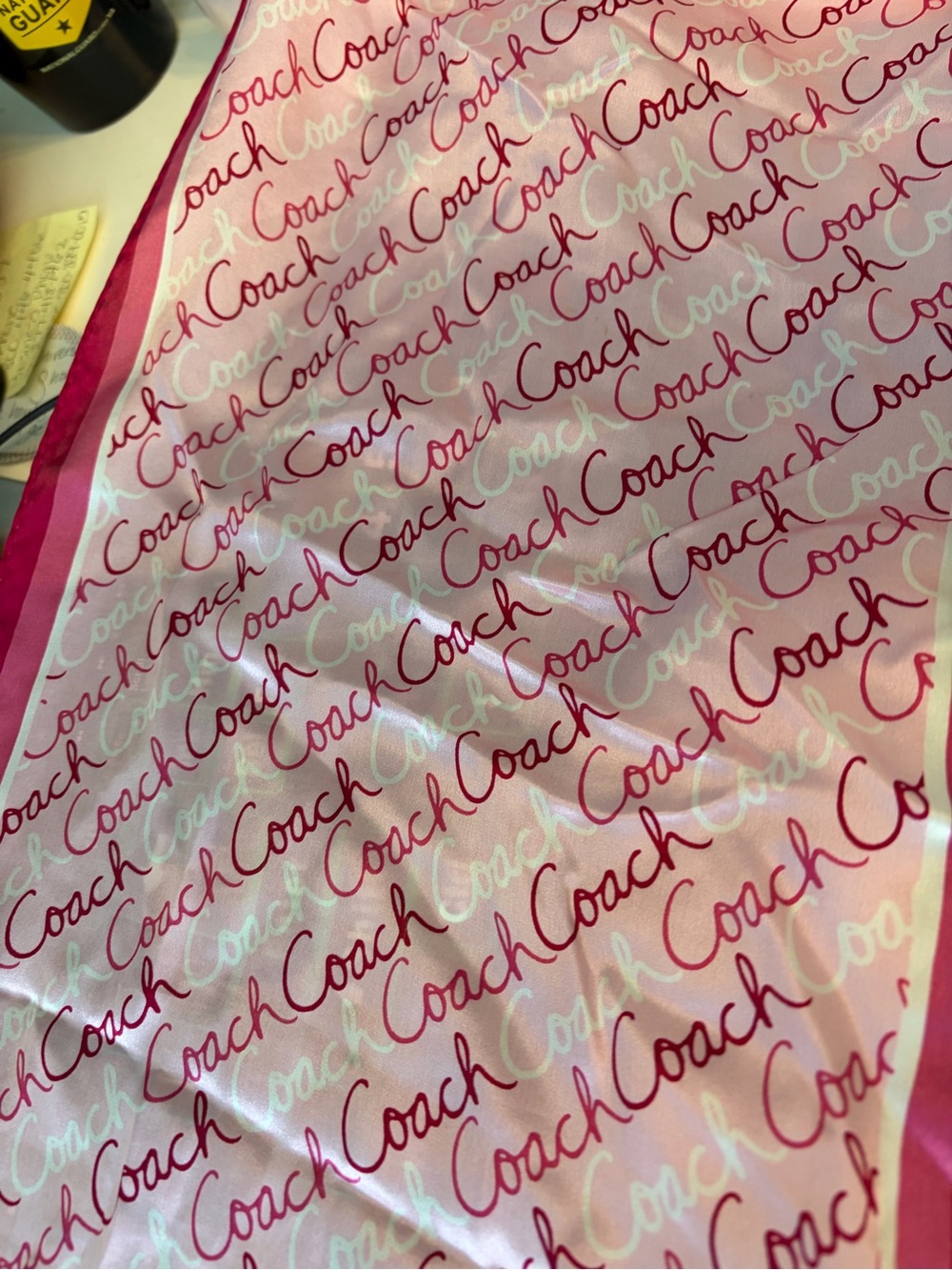 Coach Pink Script Logo Silk Scarf with Fuchsia Border